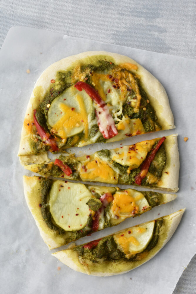 Best Pesto Pizza recipe. This Pizza has a bold spinach pesto flavors and toppes with potatoes. detailed recipe on priyascurrynation.com