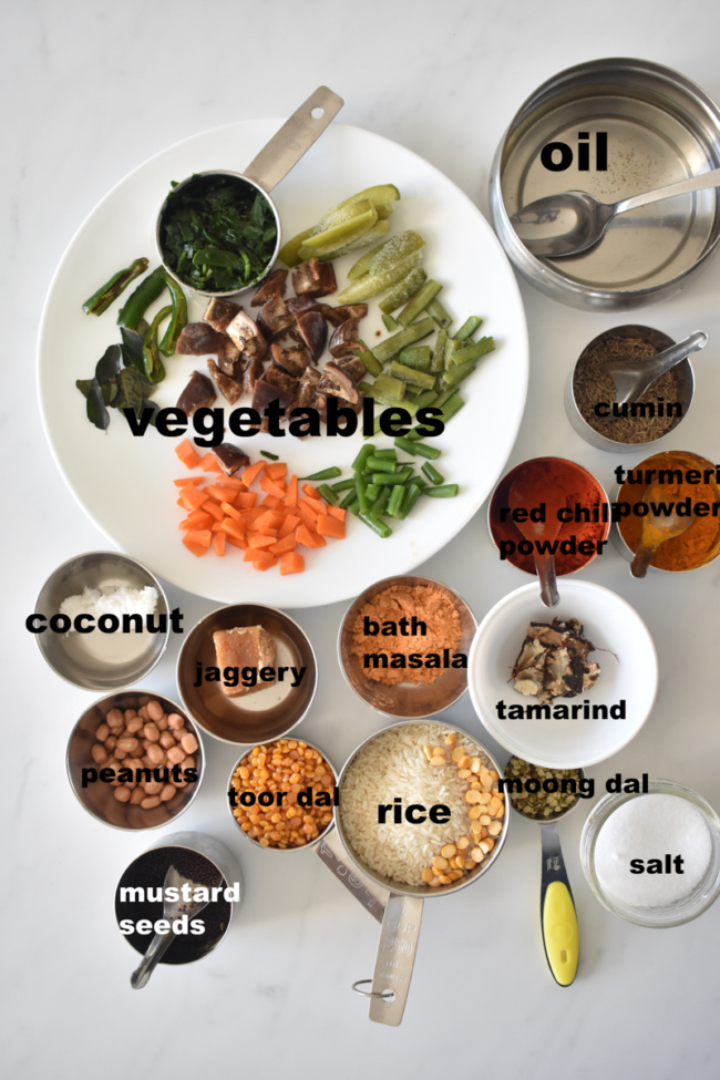 full ingredient list to make bisi bele bath - priyascurrynation.com #recipes #easyrecipes #onepotmeal