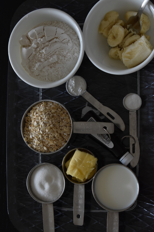 Ingredients required to make eggless oats banana muffins - priyascurrynation.com